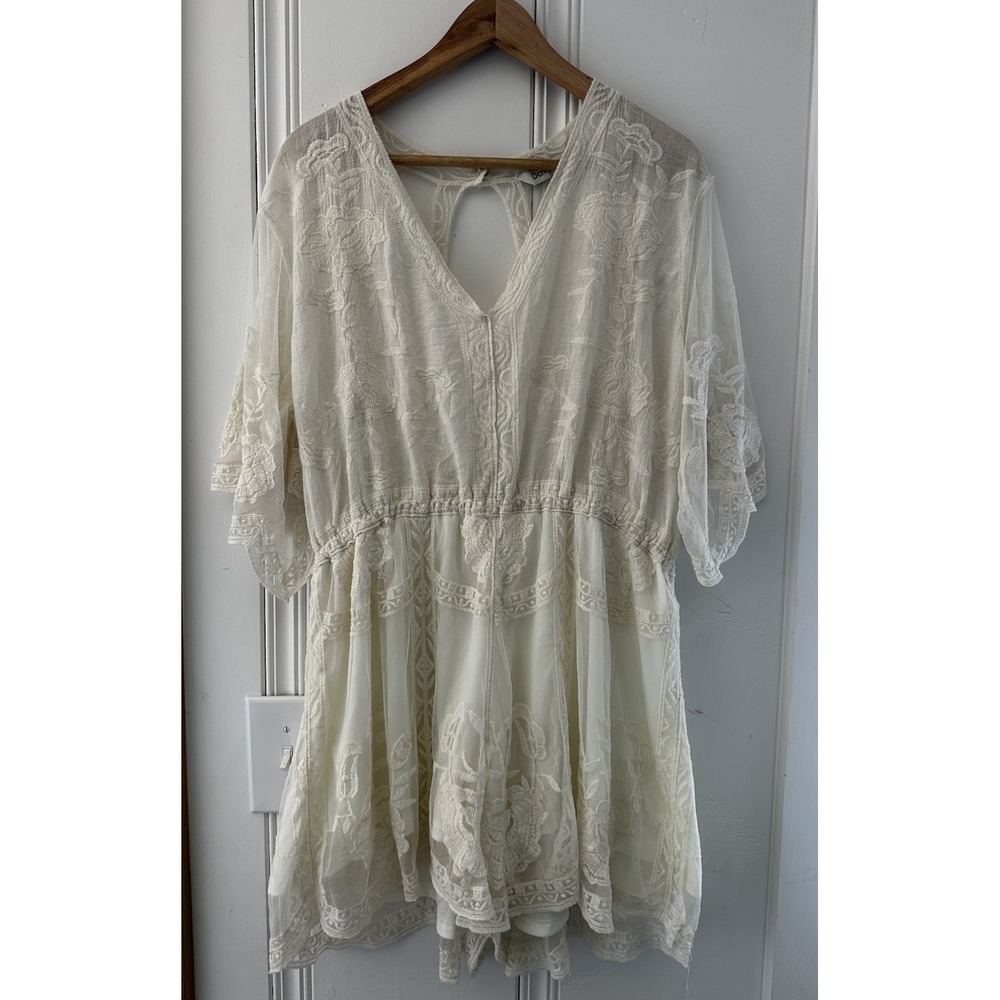 Davi & Dani Lace Romper M/L Ivory Sheer Boho Cottagecore Short Jumpsuit